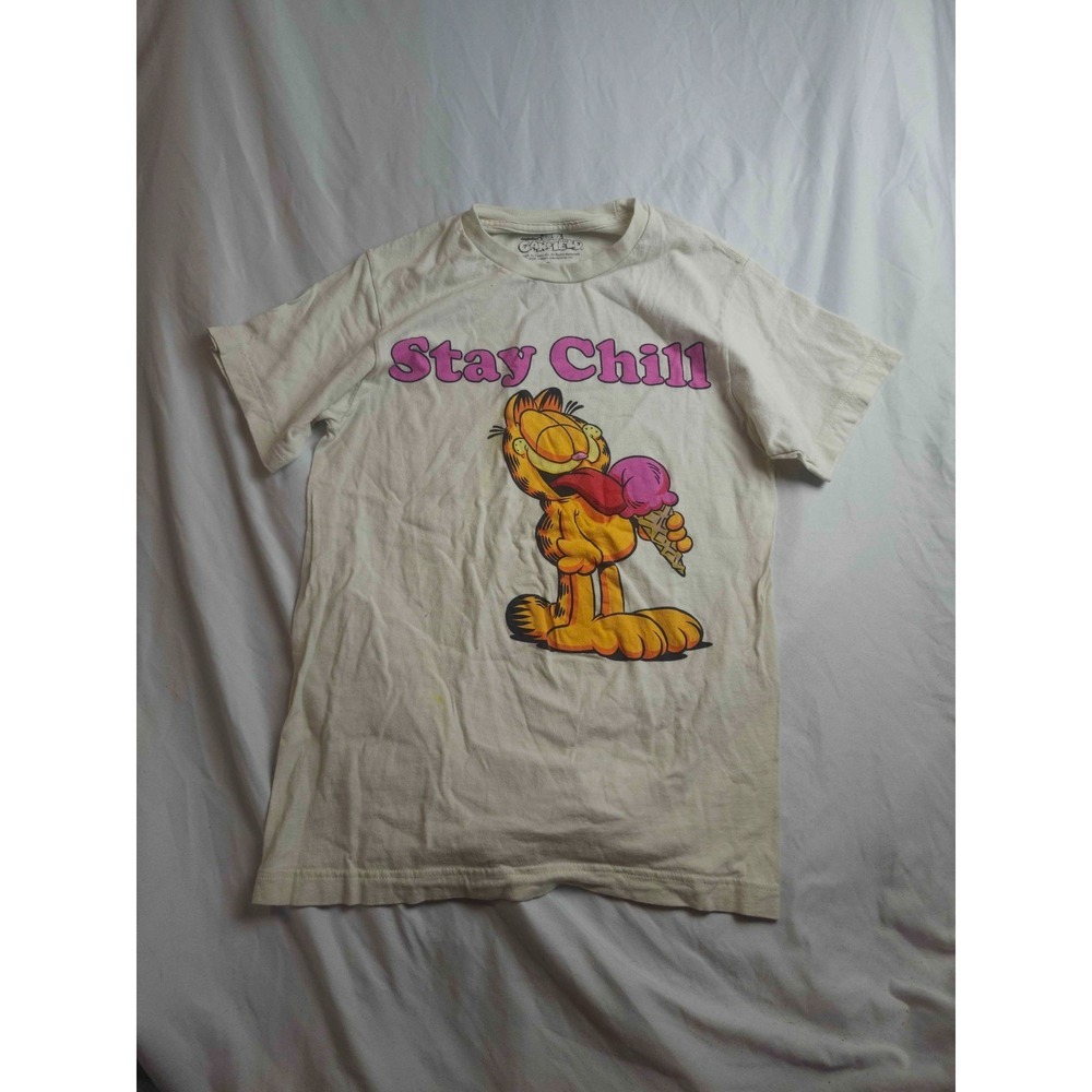 Garfield Stay Chill Ice Cream T-Shirt Mens S White Graphic Cartoon Kidcore Y2K